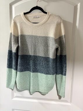 Clover Striped Knit Sweater in Cream, Gray, Charcoal & Mint. Size Medium.